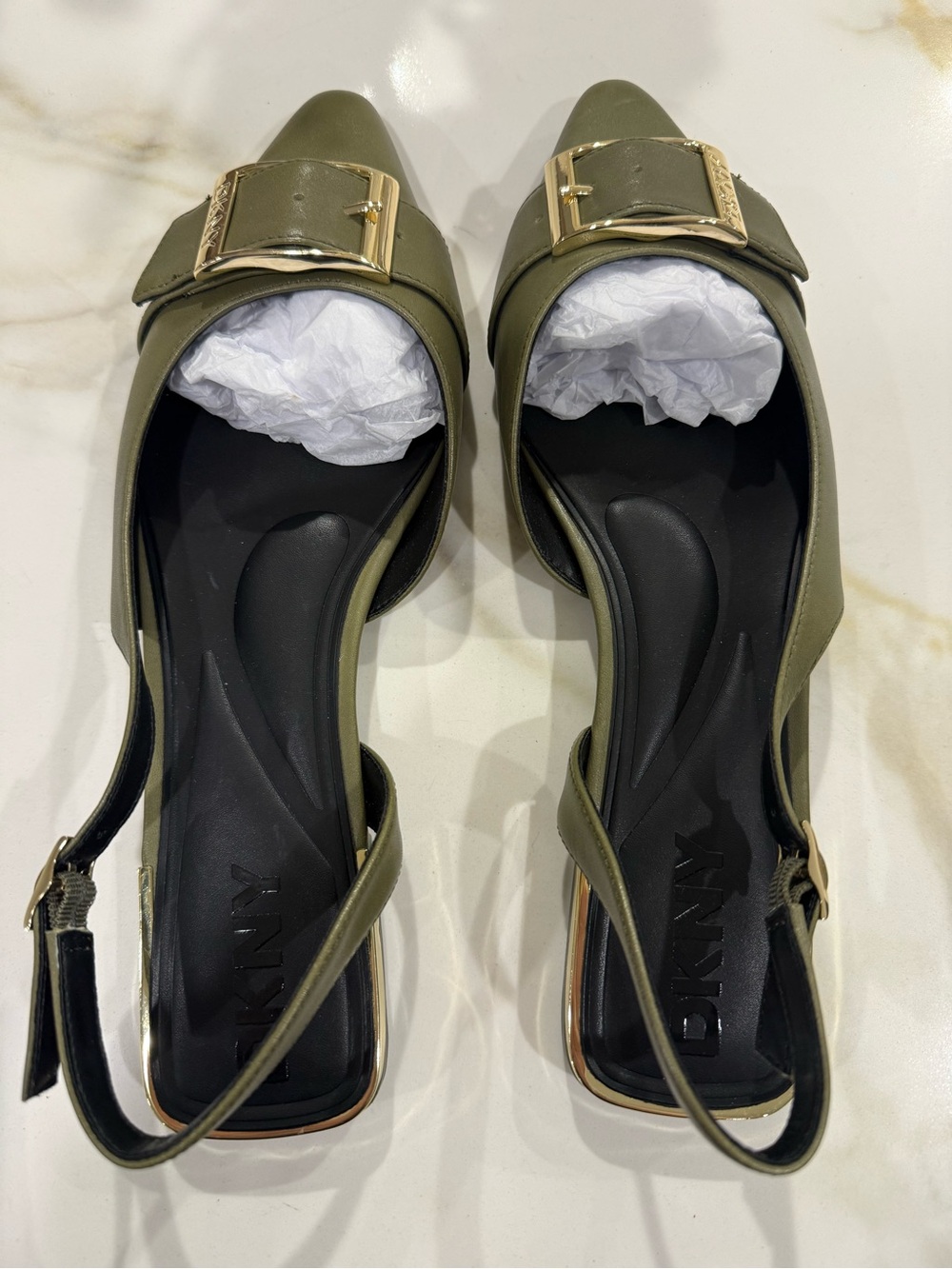 DKNY Olive Green Buckle Pointed Slingback Flats